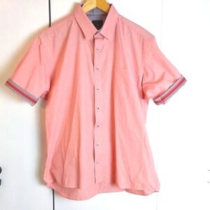 Alquima Elemental Mens Pink Buttondown Contrast Cuff Dress Shirt Preppy Sz.Large
